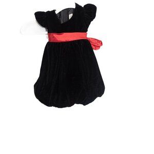 Black Velvet Size 12M Kids Dress With Red Sash Bow Puff Sleeves & Zip Back Closu